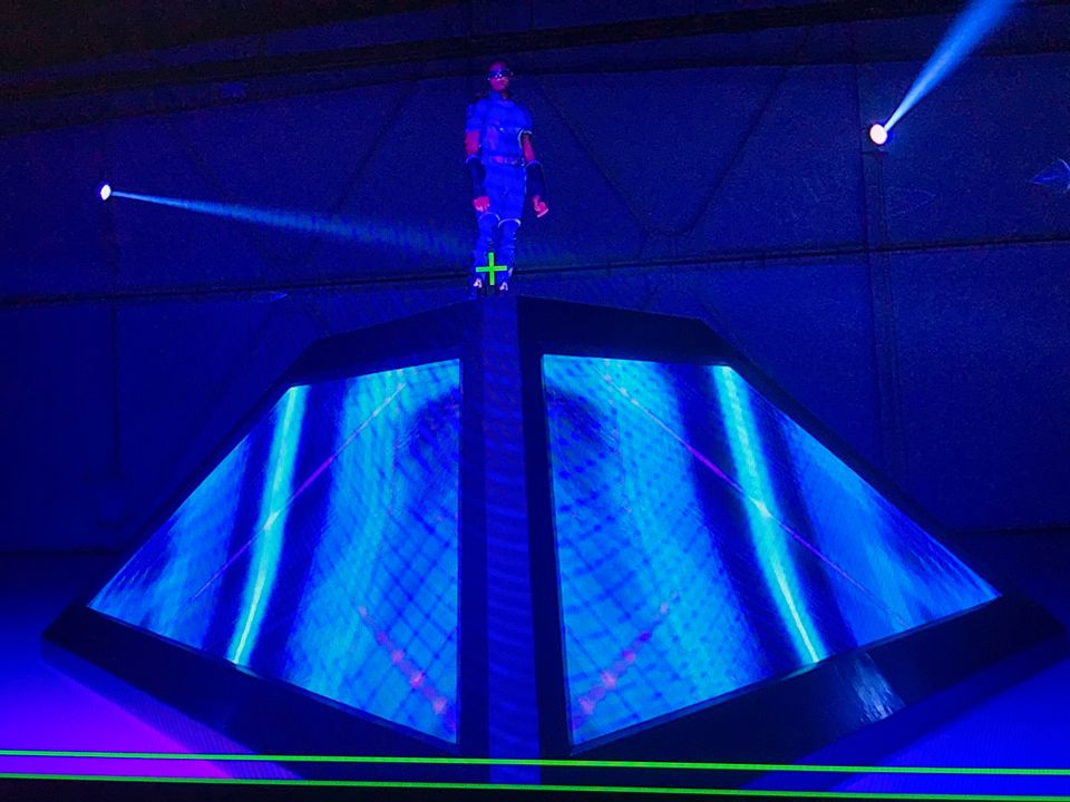 A-Train on top of the lit LED pyramid during the Faster shoot