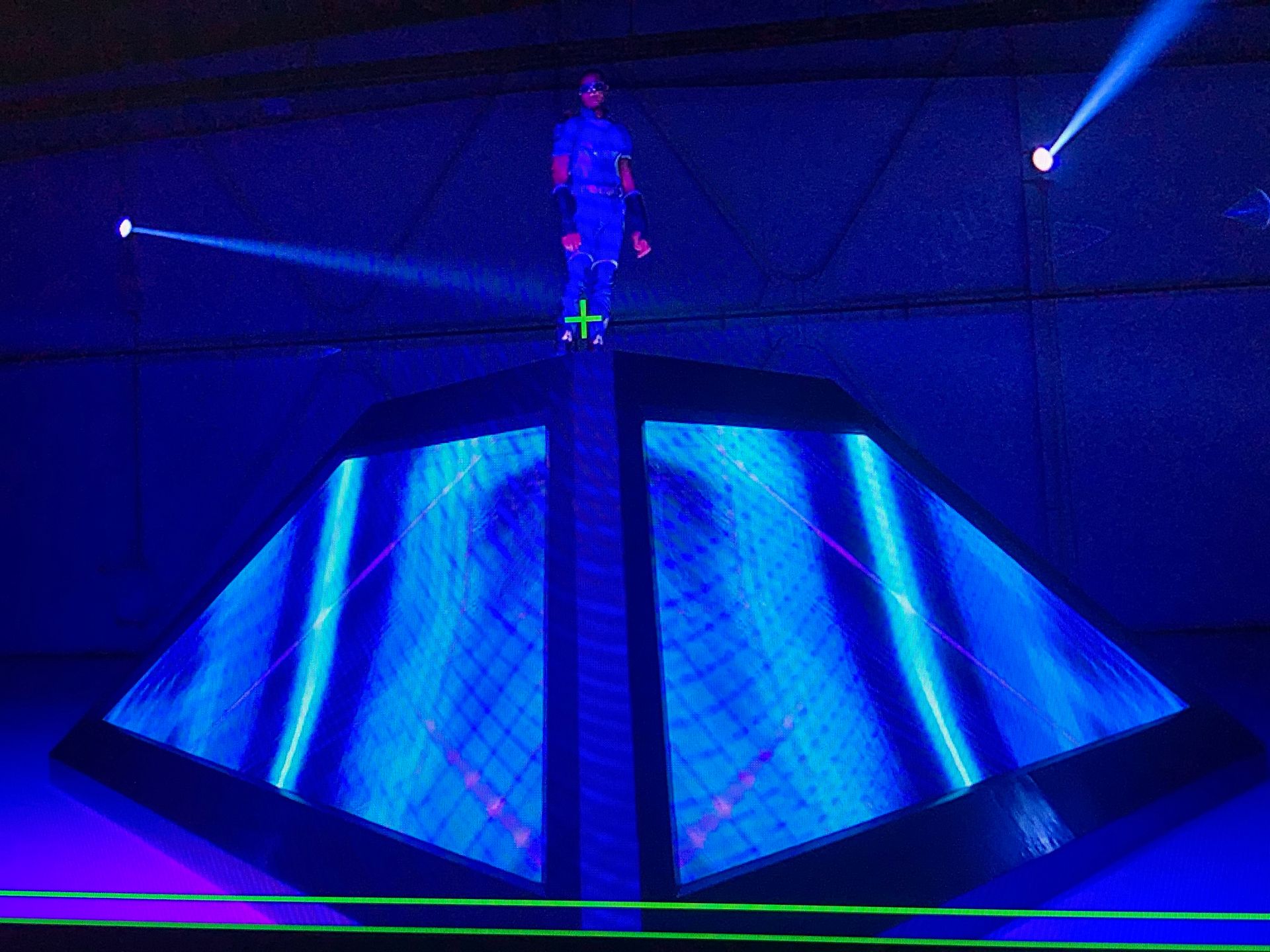 A-Train on top of the lit LED pyramid during The Boys "Faster" music video shoot