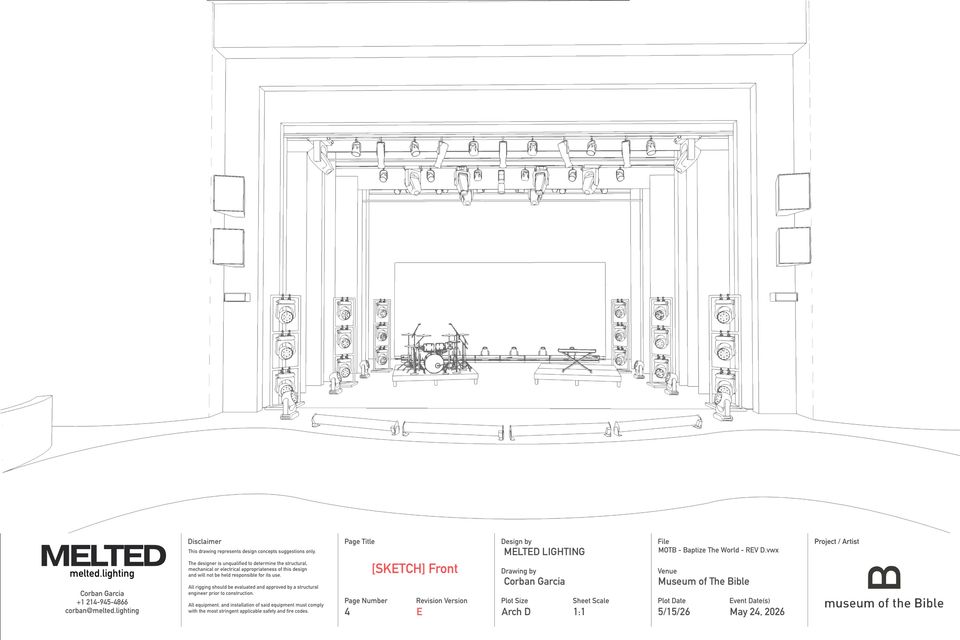 Front sketch of the stage from the drawing set — towers, wall and decks
