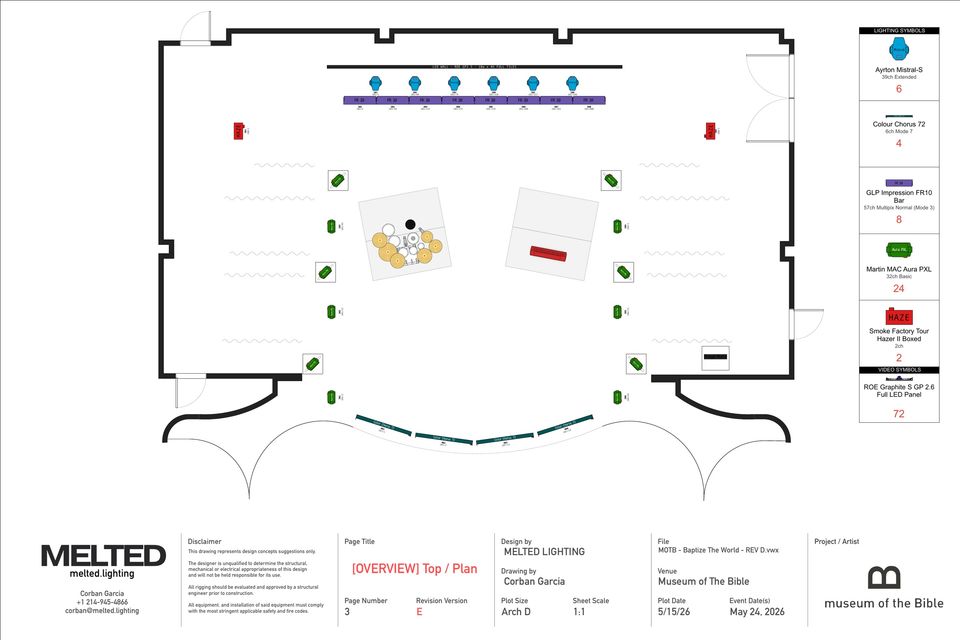 Production layout, overview plan of the World Stage Theater — the GP2 wall, lighting towers and positions drawn by Melted Lighting