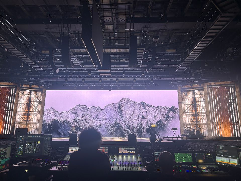 Mountain content across the stage, seen from front of house