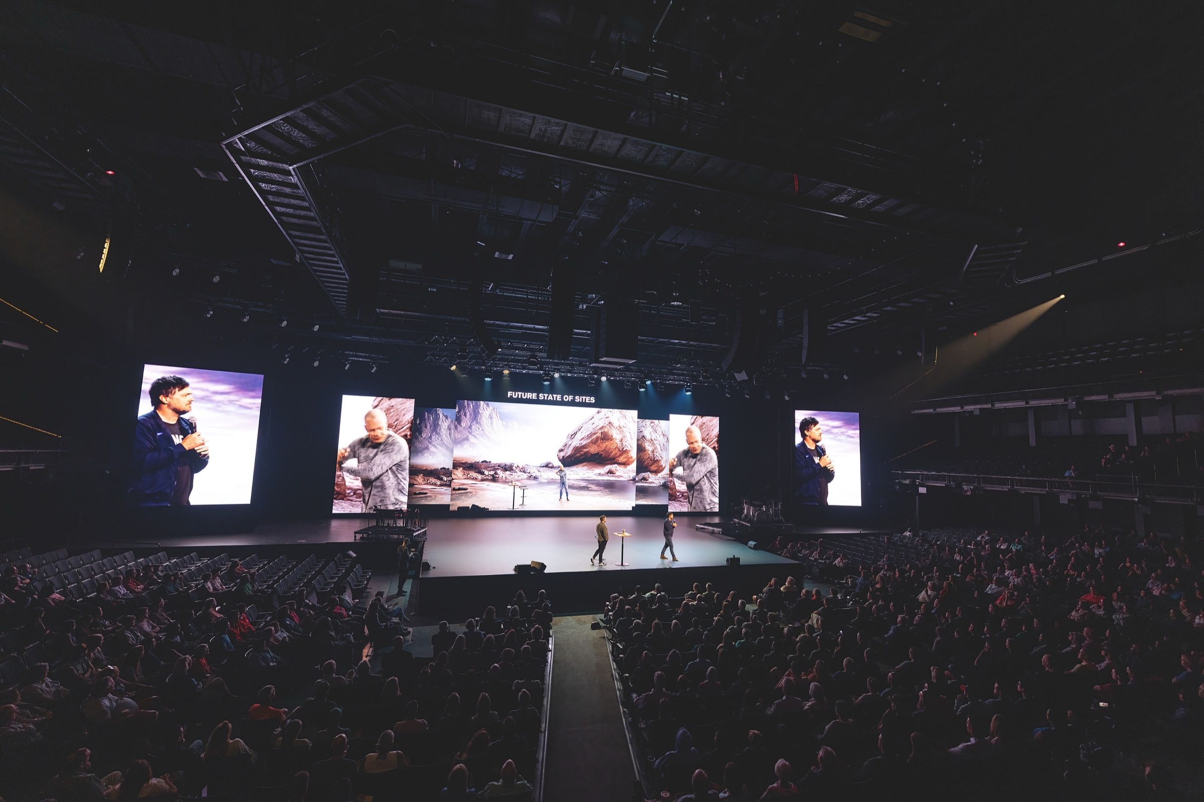 The Wonderwall stage at Crossroads Oakley — tracked LED doors and legs, the LED floor and a full room