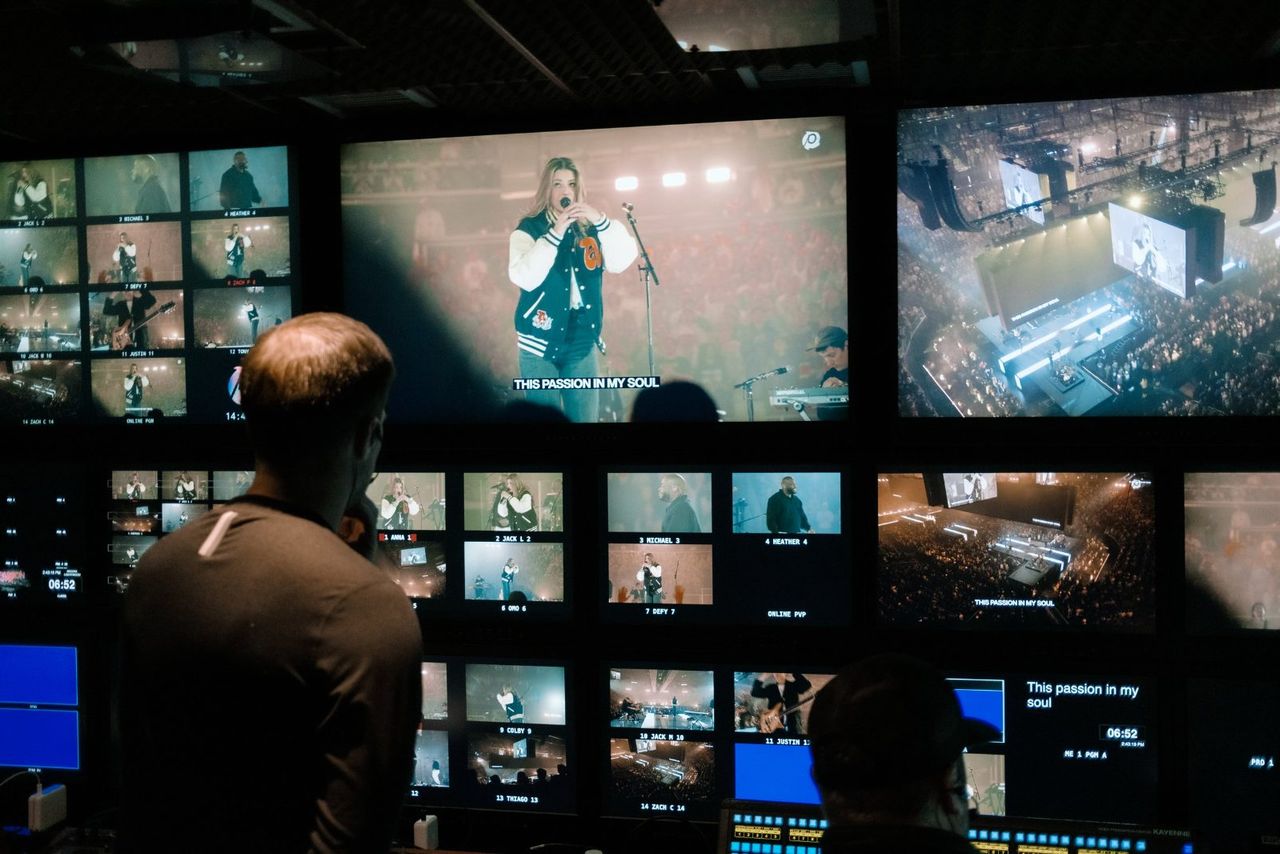 Video village at Passion 2025 — the switcher and multiviewer with the director at the desk