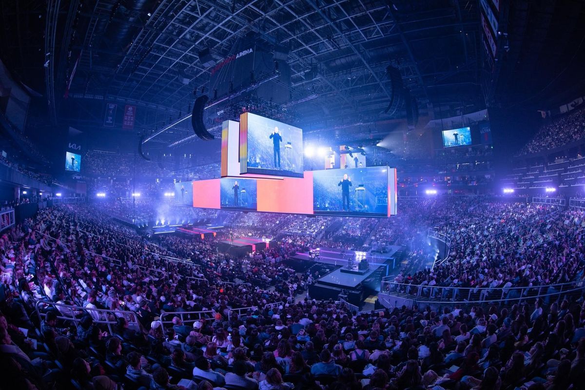 State Farm Arena wide at Passion 2025, LED lit