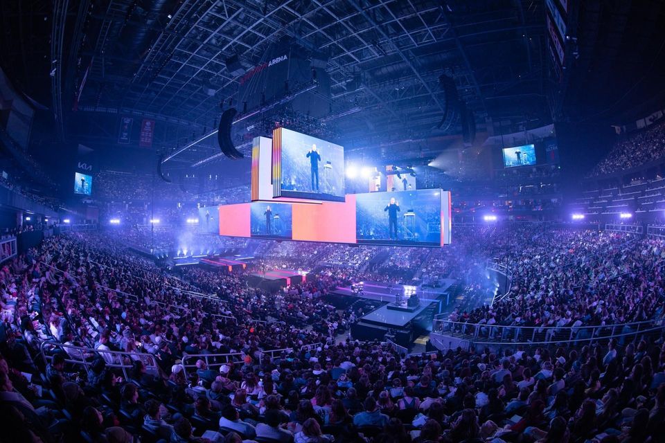 State Farm Arena wide at Passion 2025, LED lit