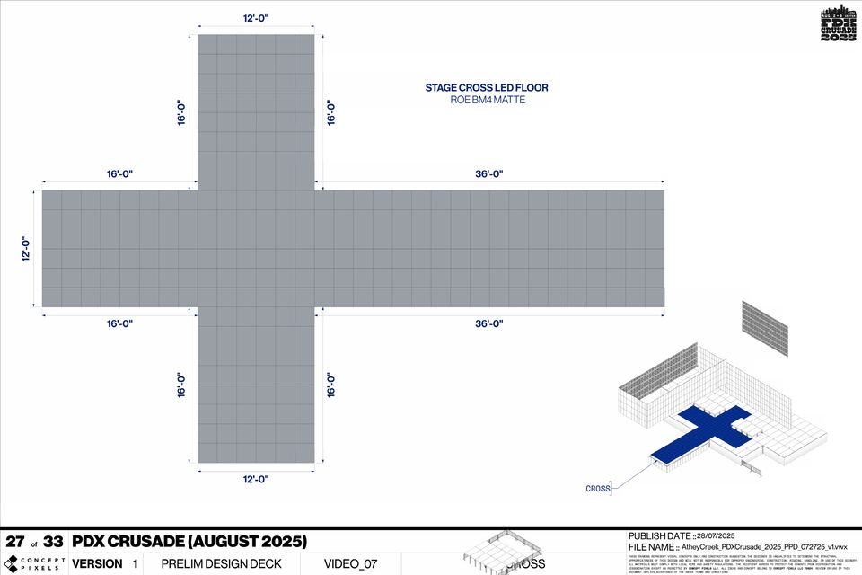 Production drawing of the cross-shaped ROE BM4 LED floor with its dimensions