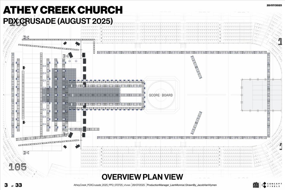 Production drawing, overview plan view of the Moda Center floor with the stage, truss, screens and FOH positions