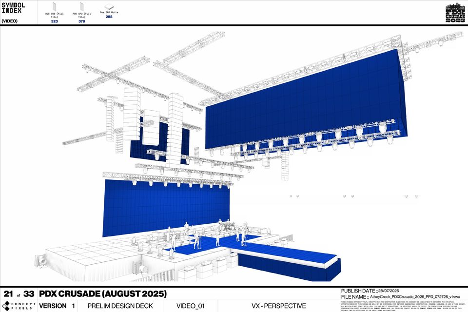 Production drawing, video perspective — the GP2 upstage wall, CB8 channel walls and BM4 floor drawn in blue over the truss and stage