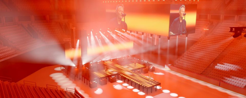 Design render of the worship look — the in-the-round stage under an orange wash, the LED channel walls and cross floor lit, the arena full