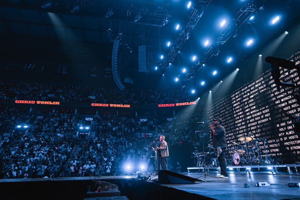 Chris Tomlin's set, the arena washed blue from the lighting rig