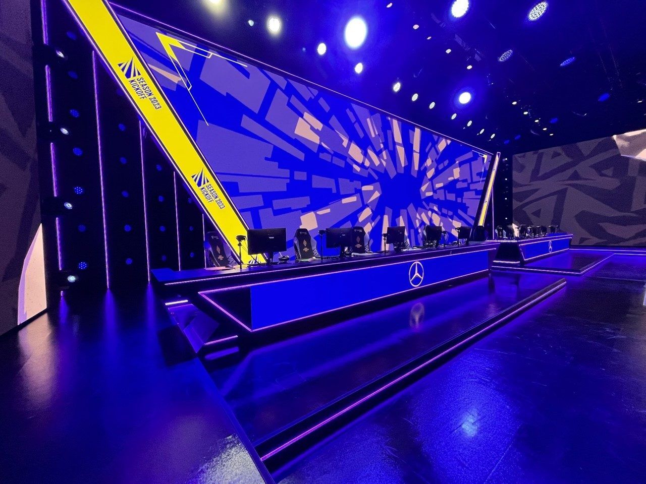 The Season Kickoff 2023 stage on the LED floor, empty before doors