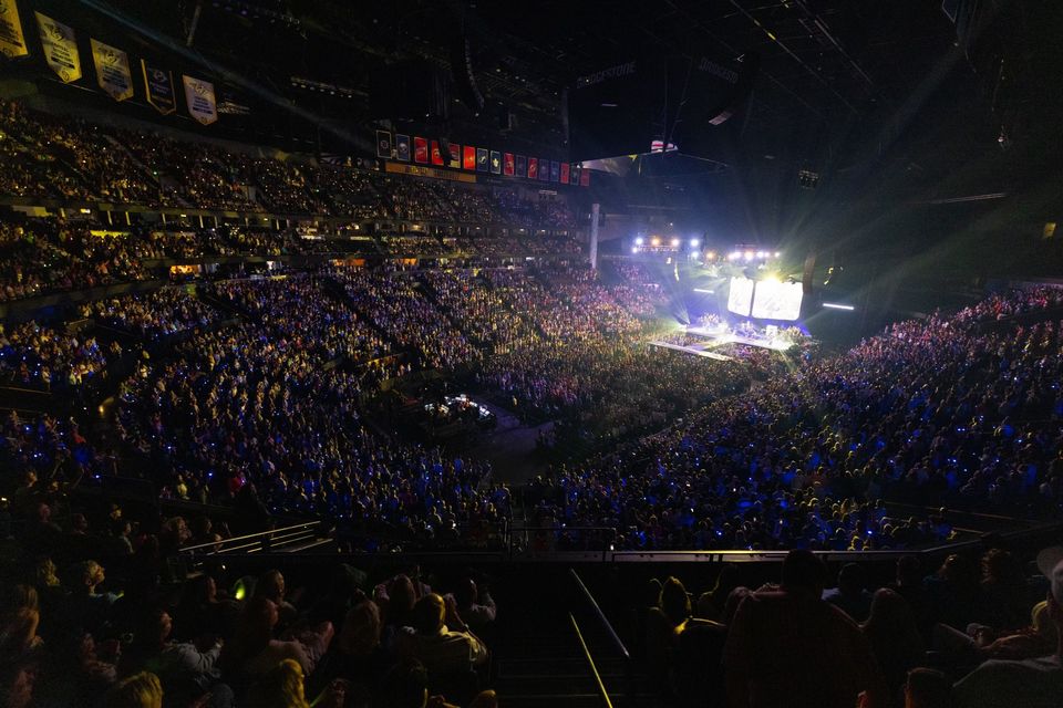 Sold-out Bridgestone Arena with the LED wall lit at Good Friday Nashville 2025