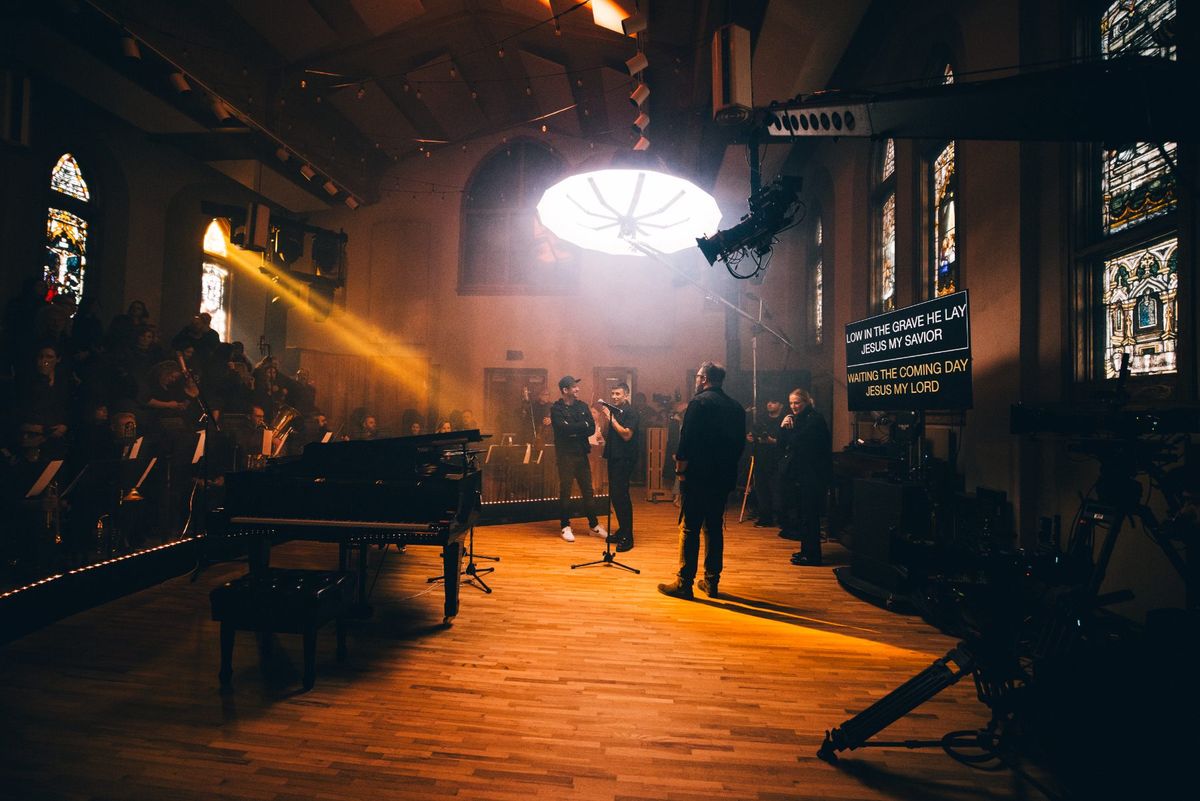 The chapel at Ocean Way Nashville set for the live recording — piano, LED and camera positions